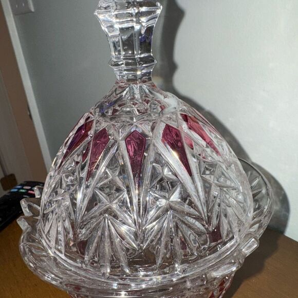 Vintage Cranberry Flashed Pressed Glass Candy Dish | Lidded Compote | Footed - Picture 3 of 3